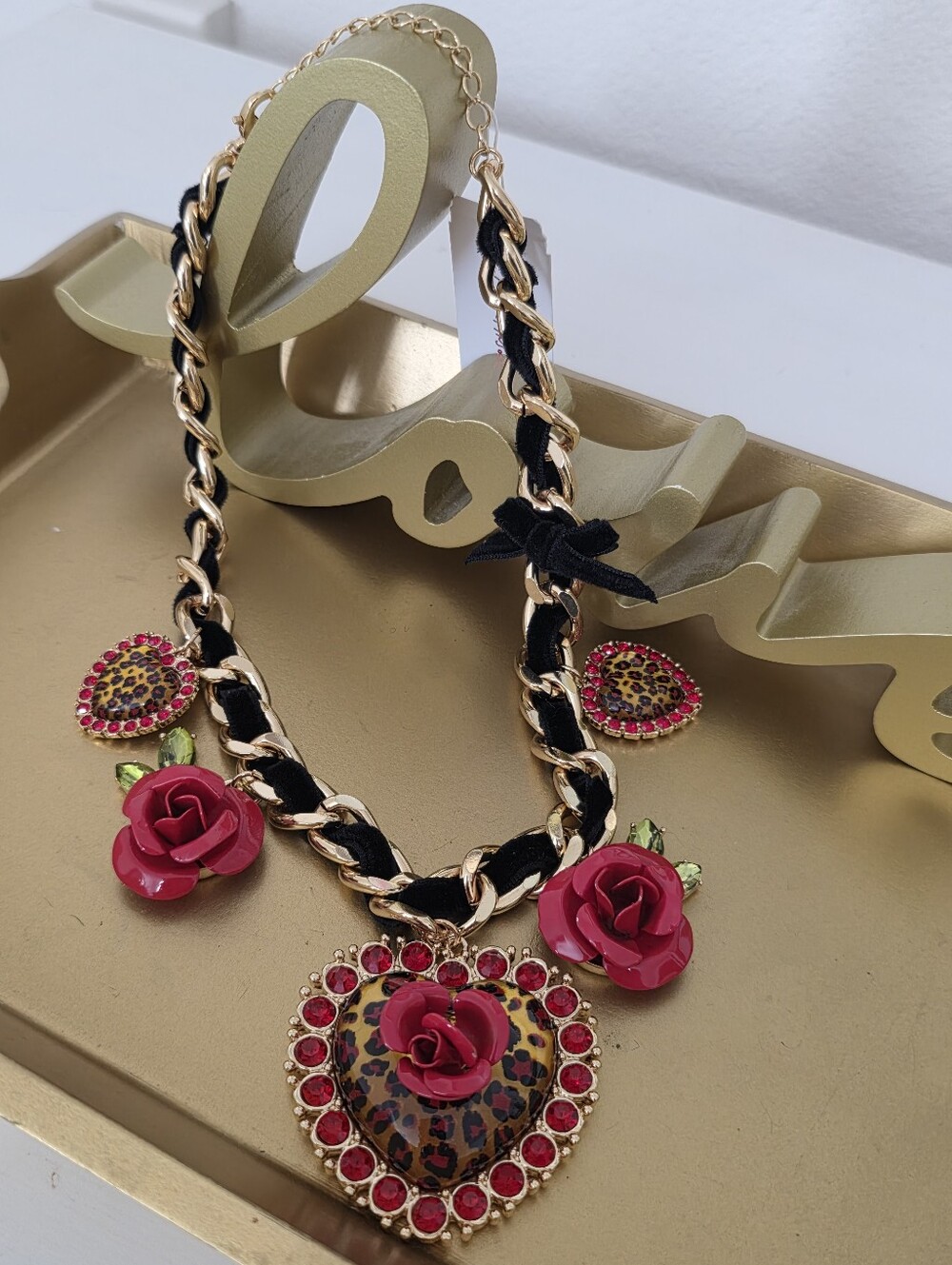 Betsey Johnson Gold Chain Necklace with Pink Rose & Leopard Heart Pendant